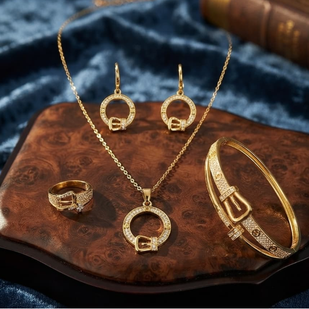 A gold jewelry set featuring a necklace, pair of earrings, a ring, and a bangle, all designed with a buckle motif and set with clear stones, displayed on a wooden tray over a dark blue velvet fabric.